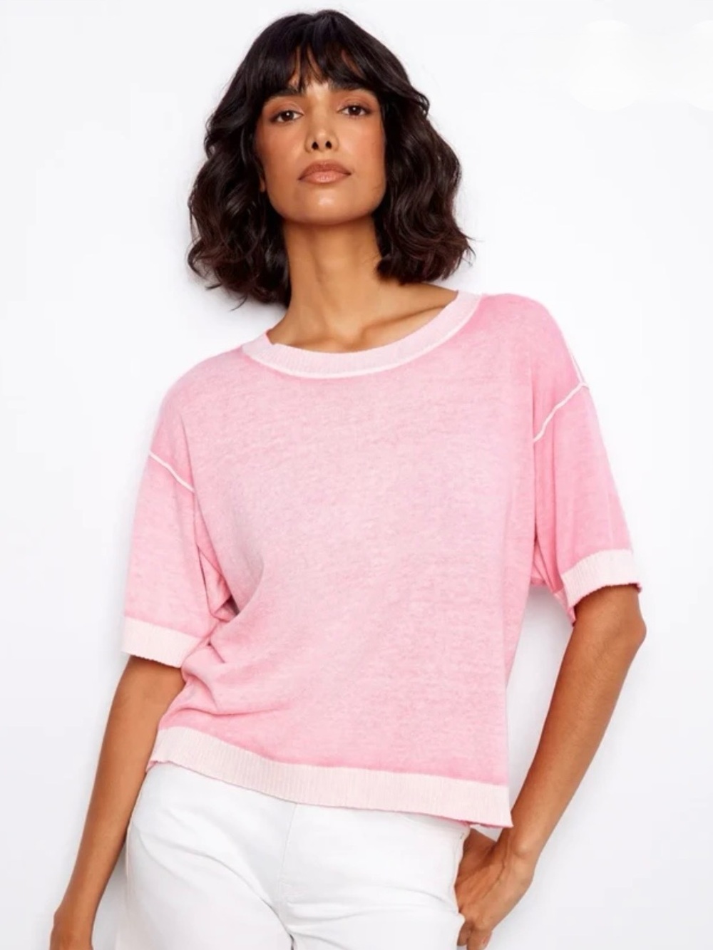 Charlie B Short Sleeve Reverse Print Sweater - Candy Pink sz SMALL NWT